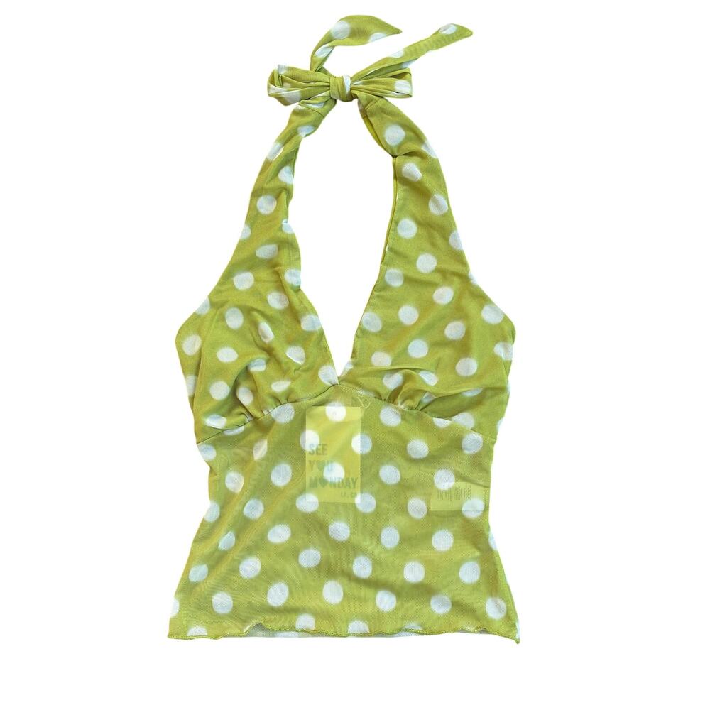 Polka Dot Chartreuse Green Mesh Semi Sheer Halter Top Size XS